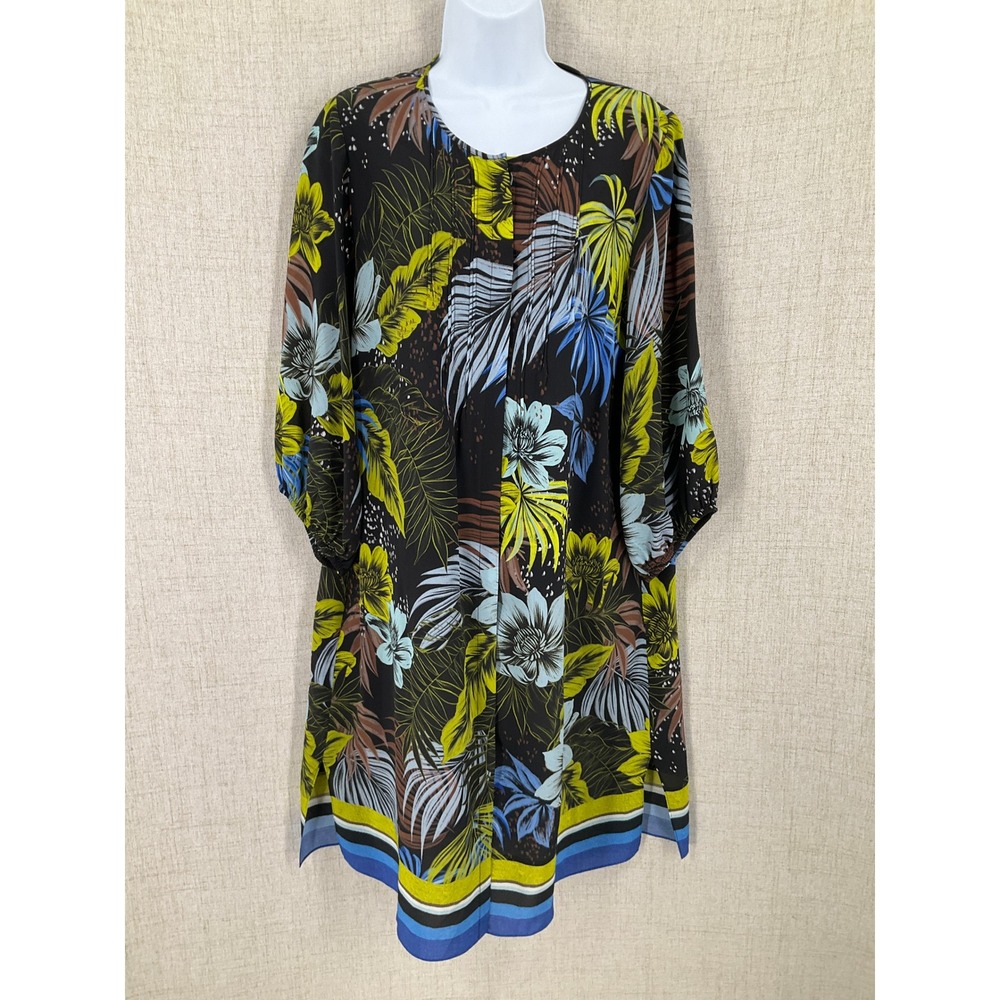 Kobi Halperin Tunic Dress‎ Women L Black Silk Tropical Floral Palm Botanical